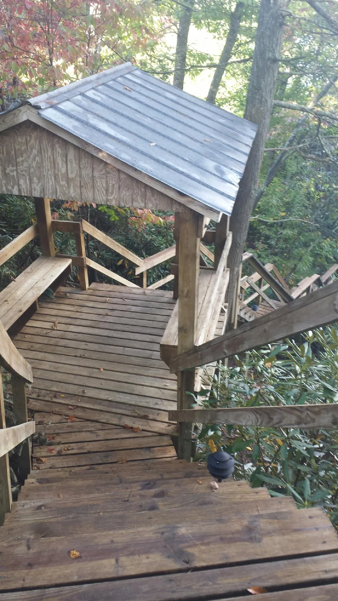 Metal roofed shelter over wooden steps on a wooded walkway — Skylight Repair & Installation work by our crew in Granite Quarry